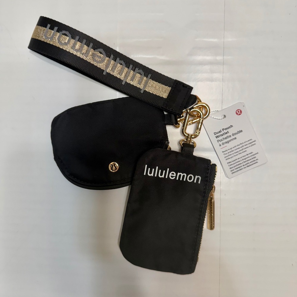 Lululemon Dual Pouch Wristlet Black Gold Logo Jacquard Strap New NWT